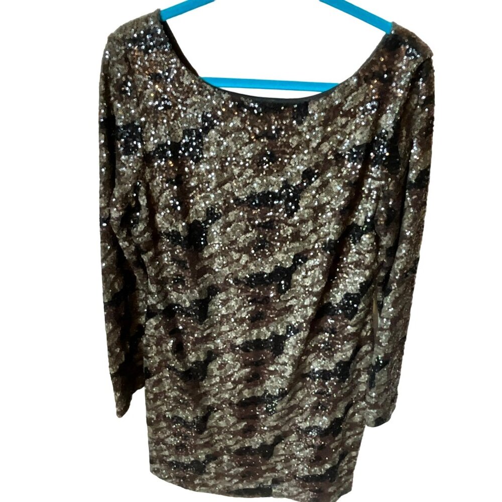 Gianni Bini Sequin 3/4 Sleeve Dress Large Black, Brown &‎ Gold Zip in Back